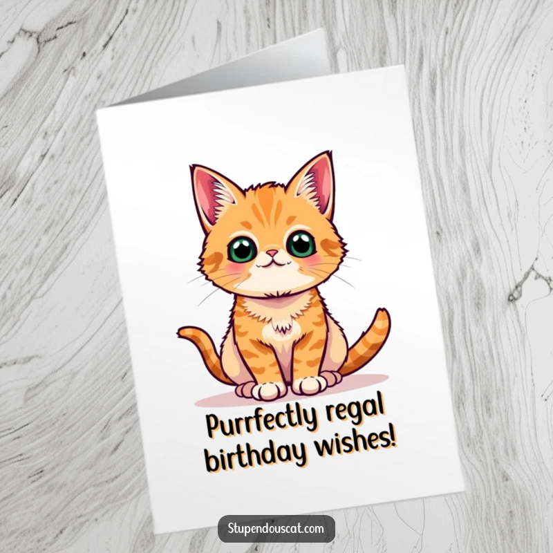 Funny Free Printable Birthday Card of a playful orange tabby cat striking a regal, proud pose