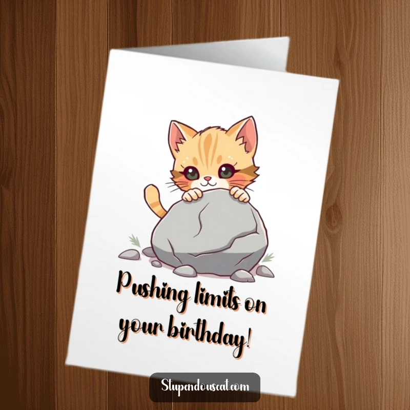Funny Free Printable Birthday Card: Determined cat cub straining to push a very large boulder. A downloadable gift.