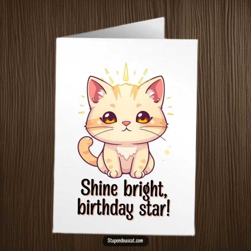 Funny free printable birthday card of a cat with a radiant aura, exuding charm, a hilarious DIY gift.