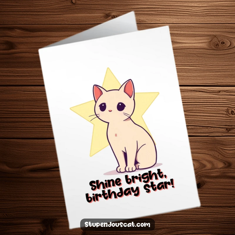 Funny free printable birthday card featuring a black cat silhouette against a bright, shining star, evoking wonder.