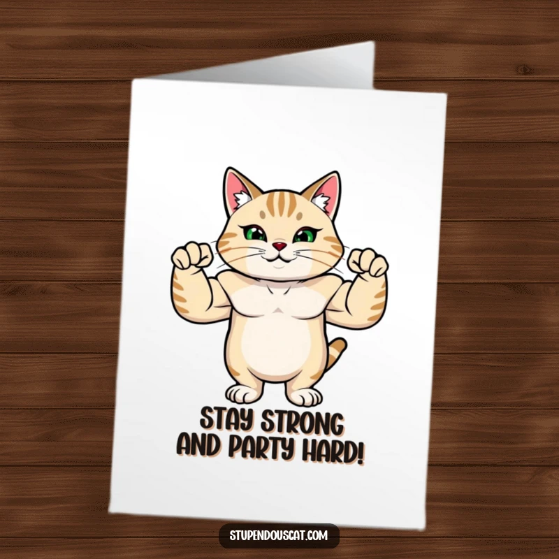 Funny Free Printable Birthday Card: A strong cat with rippling muscles flexing proudly, wishing a powerful birthday.