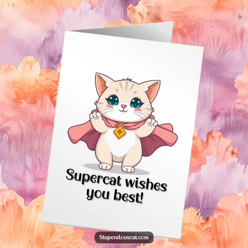 Funny Free Printable Birthday Card: A magnificent cat hero unfurls a majestic cape, ready for action. Hilarious downloadable greeting.