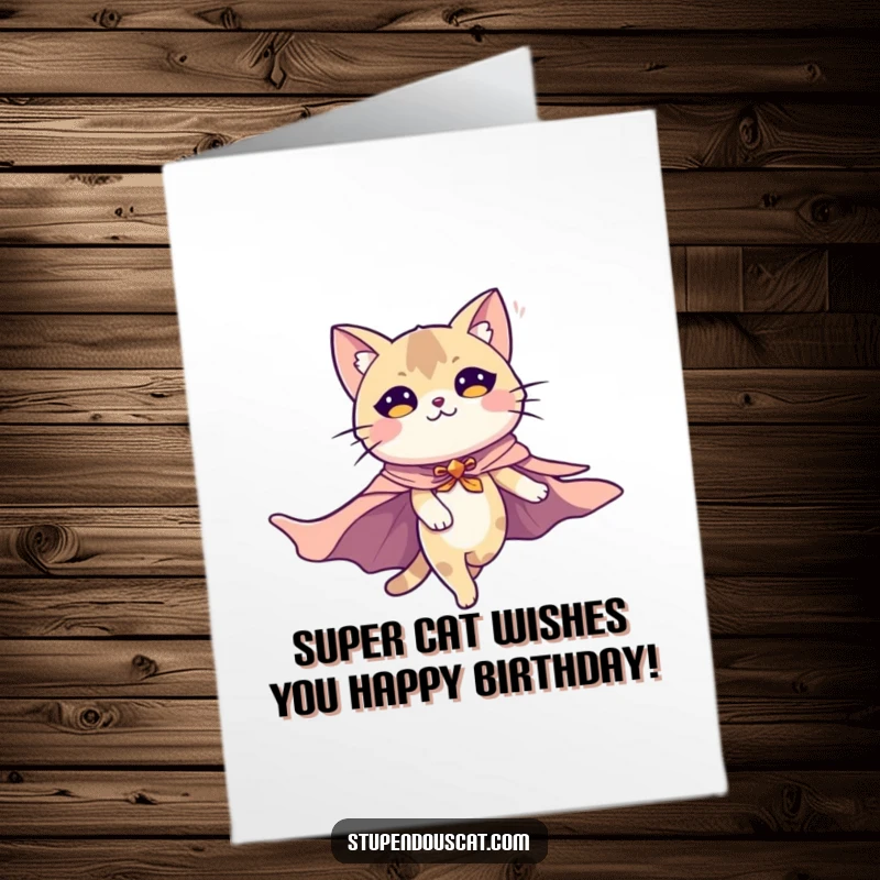 Funny Free Printable Birthday Card: Majestic cat in a cape flies heroically, spreading birthday cheer. A downloadable gift of epic proportions.