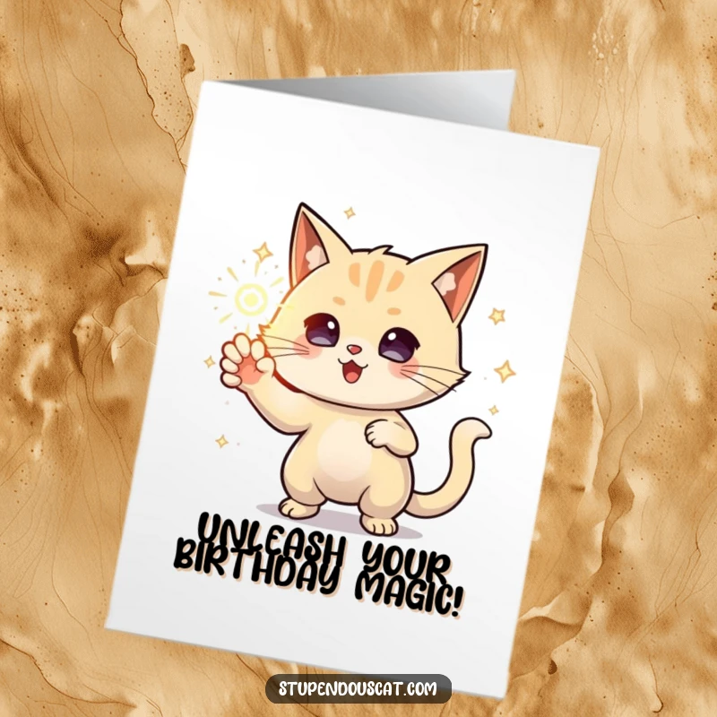 Funny Free Printable Birthday Card: Powerful cat concentrating energy into a sparkling orb for a birthday wish.