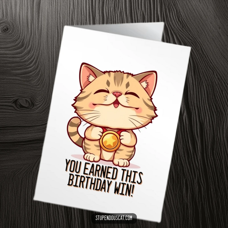 Funny Free Printable Birthday Card: A proud cat wearing a shining medal around its neck, celebrating a birthday win, download and print.
