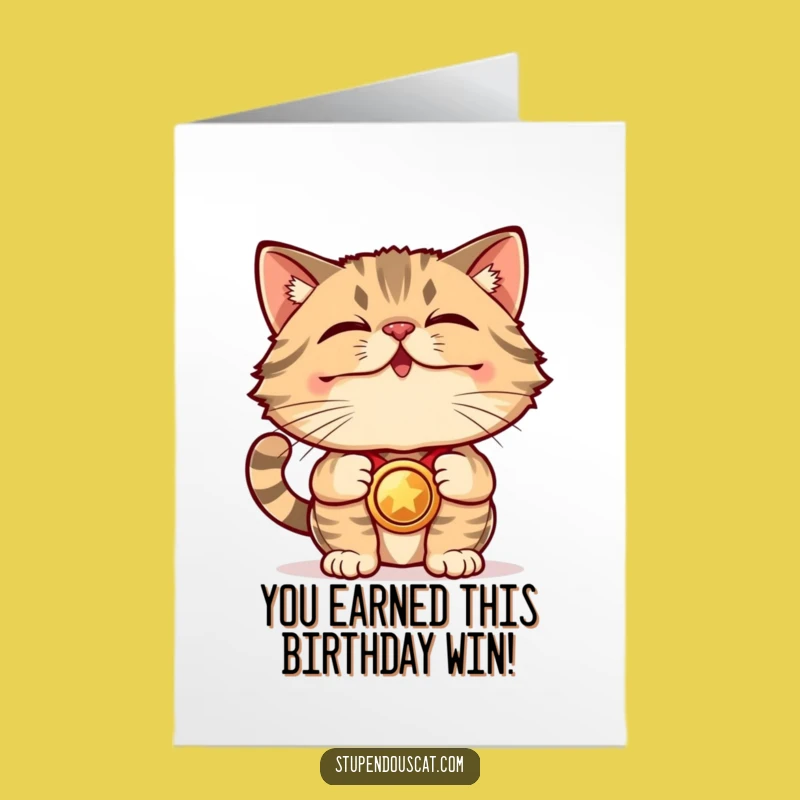 Free Printable Birthday Card: Champion Cat Medal Funny Downloadable Gift