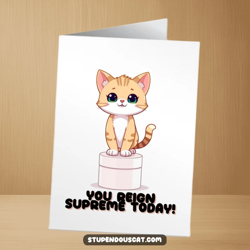 Funny Free Printable Birthday Card: Confident cat cub standing proudly on a pedestal, celebrating a birthday accomplishment.