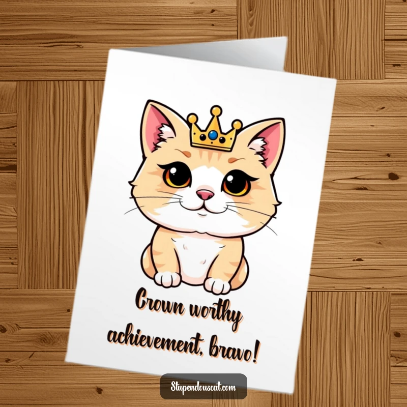 Funny Free Printable Congrats Card: Regal cat wearing a tiny crown looks smugly pleased after a great success. Downloadable gift.