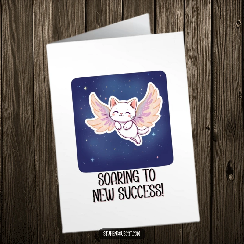 Funny Free Printable Congratulations Card: Cat with wings made of stardust soaring gracefully through the night, celebrating success. Downloadable and whimsical.