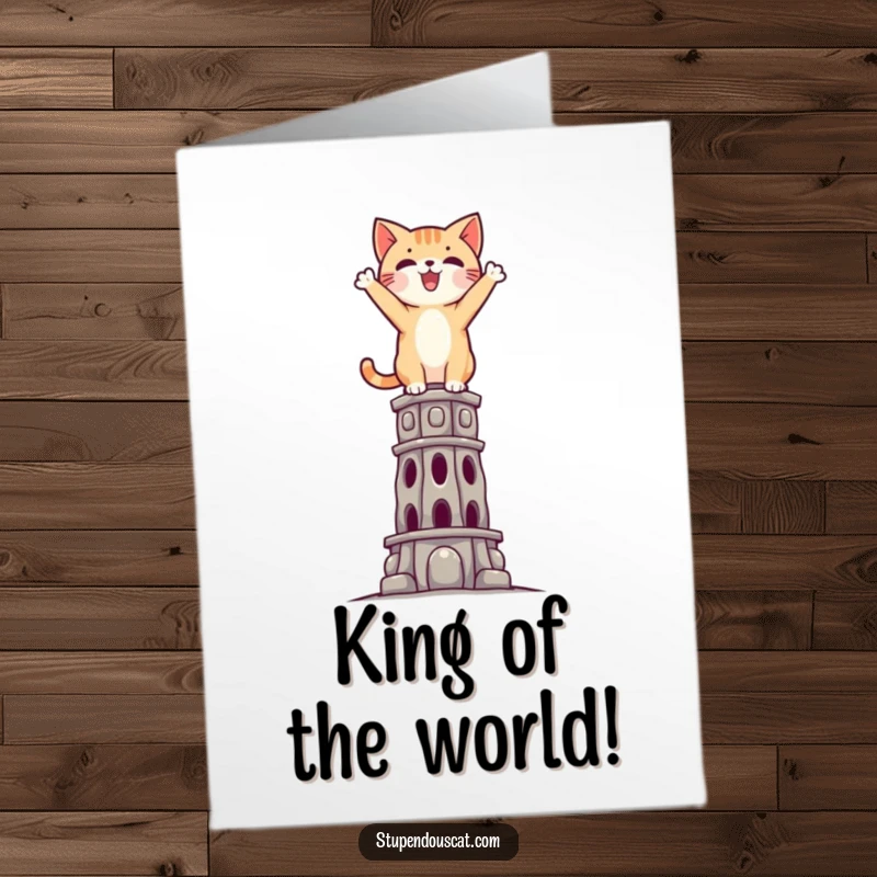 Funny Free Printable Congratulations Card: Cat standing triumphantly atop a tall, impossible structure, celebrating success. Downloadable and epic.