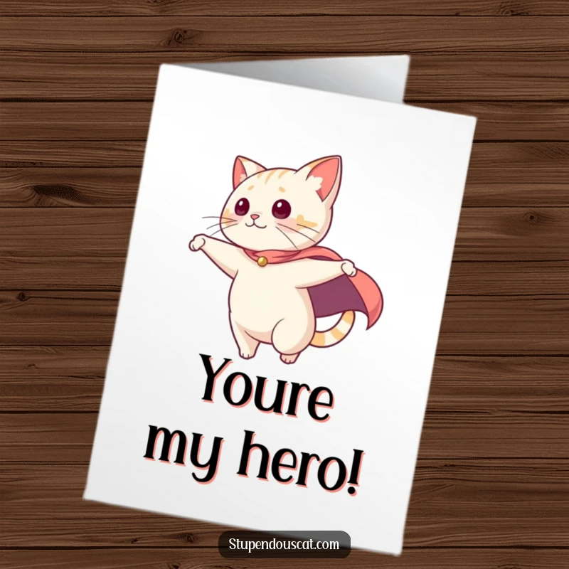 Funny Free Printable Congratulations Card: Caped cat dramatically swooping from a high point, a true hero.
