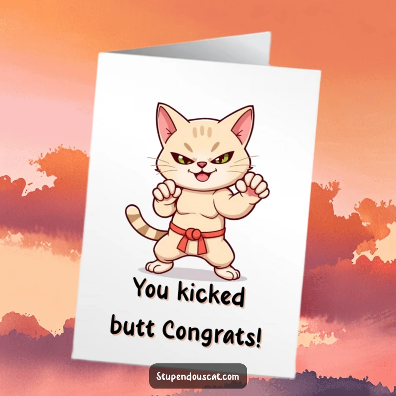 Free printable congratulations card with a cat in a powerful martial arts pose, complete with a sly smirk.