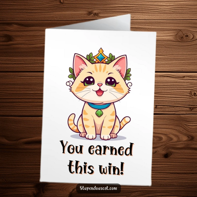 Funny Free Printable Congrats Card: Victorious cat hero with a laurel wreath, beaming with pride after a major accomplishment.