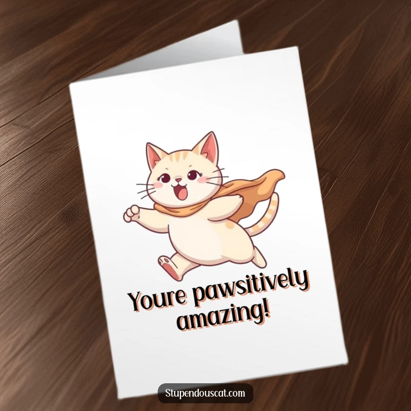 Funny free printable congratulations card of a cat in a cape leaping, symbolizing victory and heroic success.