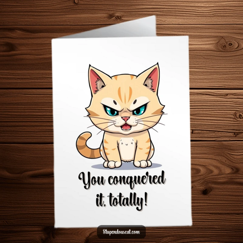 Funny Free Printable Congrats Card: A cat embodying fearlessness, staring down a challenge with stupendous resolve.