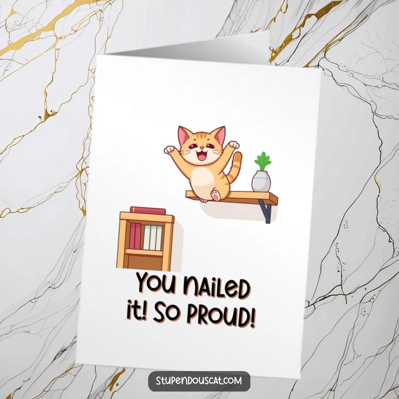 Funny Free Printable Congratulations Card: Fearless cat mid-leap, symbolizing success and daring.
