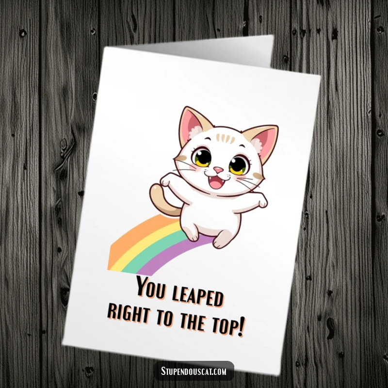 Funny Free Printable Congratulations Card: Joyful cat leaping energetically over a vibrant rainbow, celebrating success.