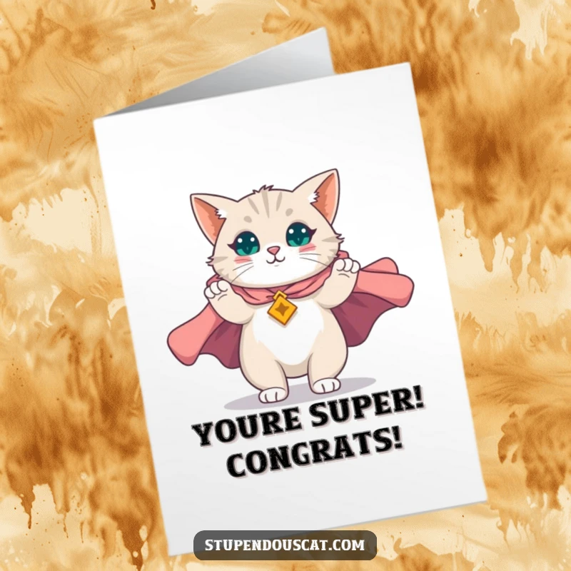 Funny Free Printable Congrats Card: A magnificent cat unfurls a majestic cape, symbolizing grand success. Epic downloadable greeting.