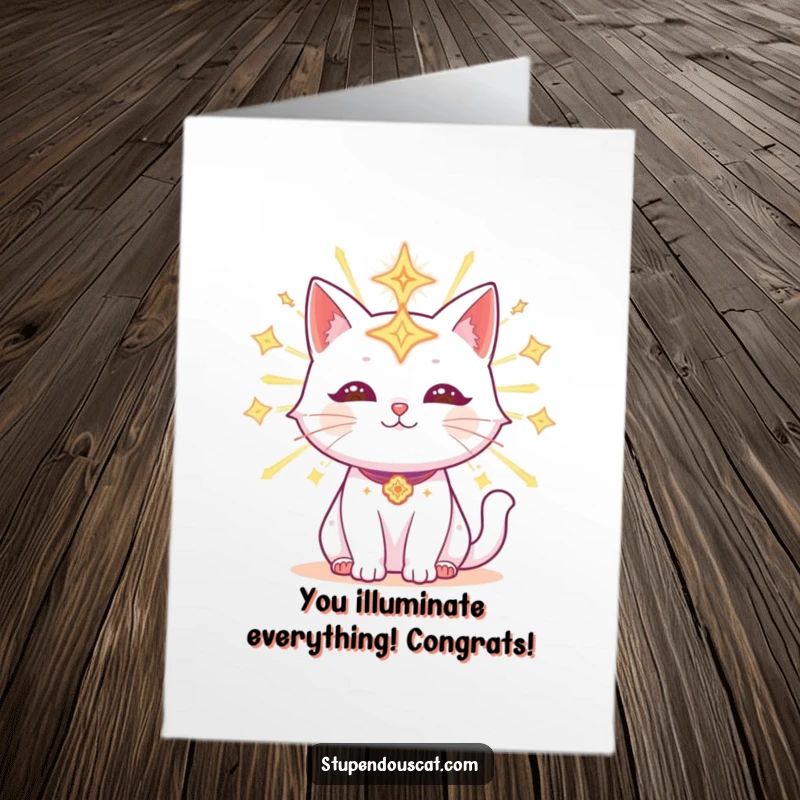 Funny Free Printable Congrats Card: Radiant cat adorned with glowing symbols, celebrating a brilliant achievement.