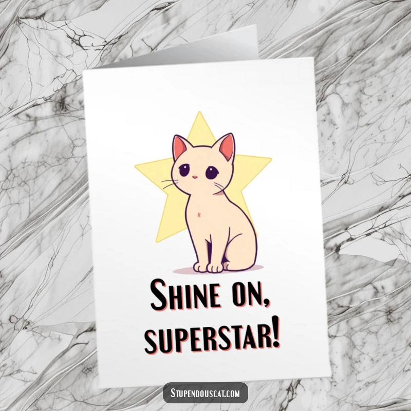 Funny free printable congratulations card showing a cat silhouette against a bright star, symbolizing shining achievements.