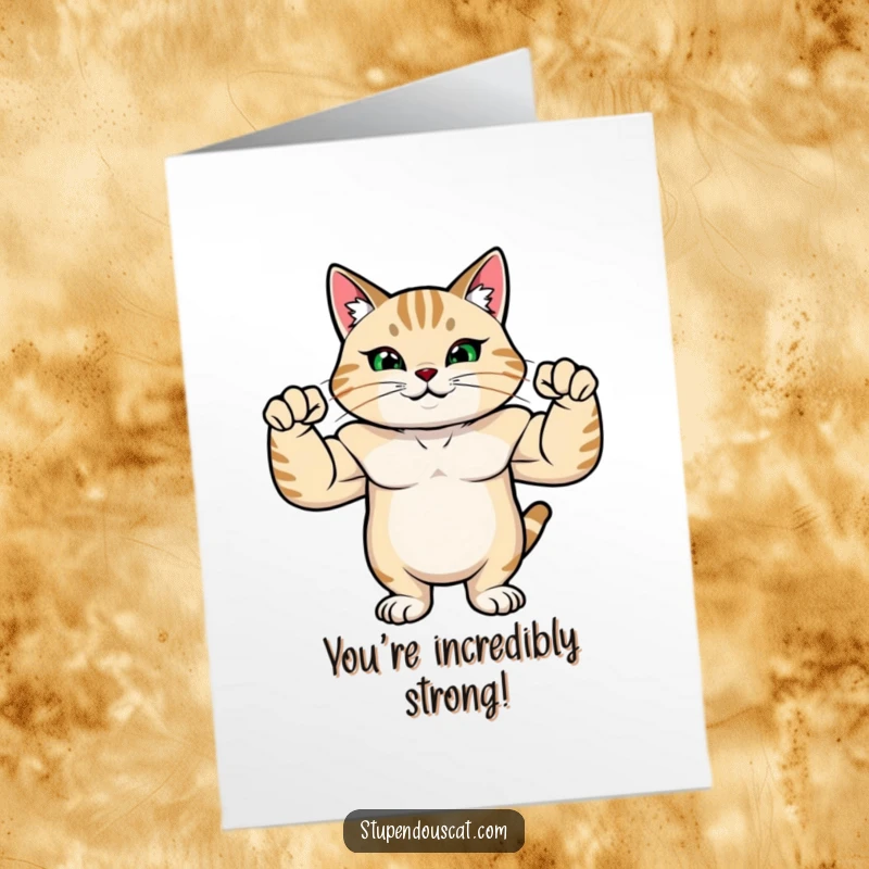 Funny Free Printable Congratulations Card: A muscular cat proudly flexing its powerful arms after a big win.