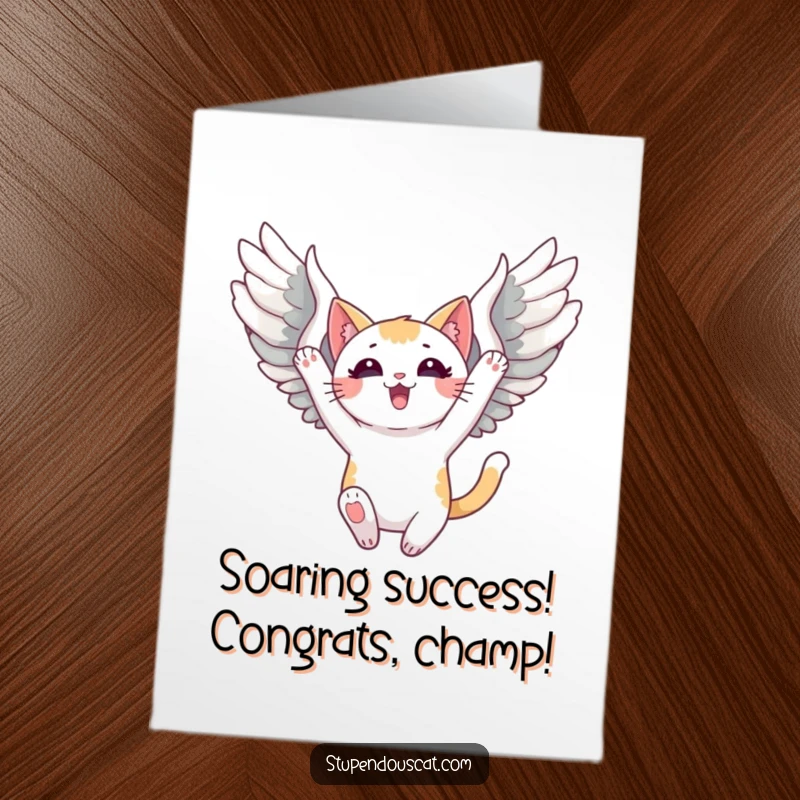 Funny Free Printable Congrats Card: Triumphant cat with wings unfurled soaring high above, signifying victory.
