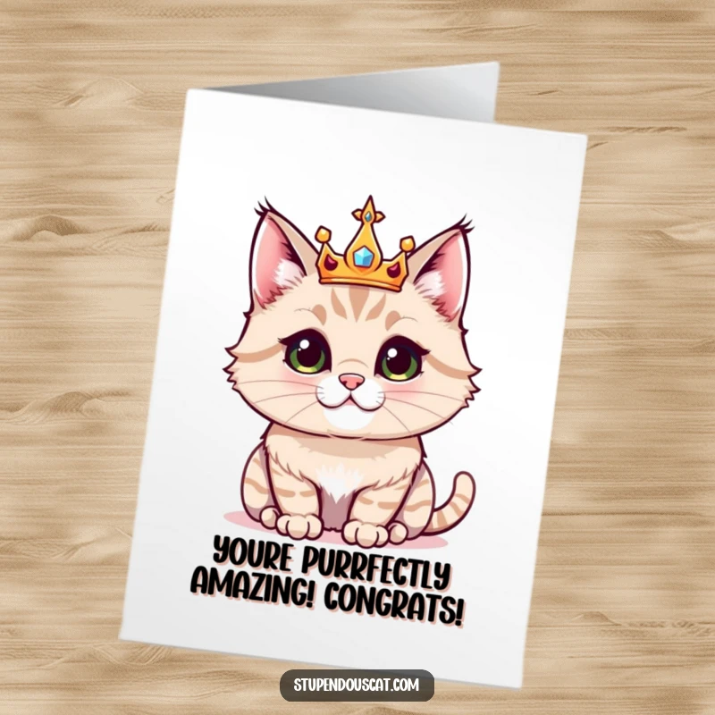 Funny Free Printable Congratulations Card: Majestic cat adorned with a sparkling crown, exuding funny, proud feline vibes.