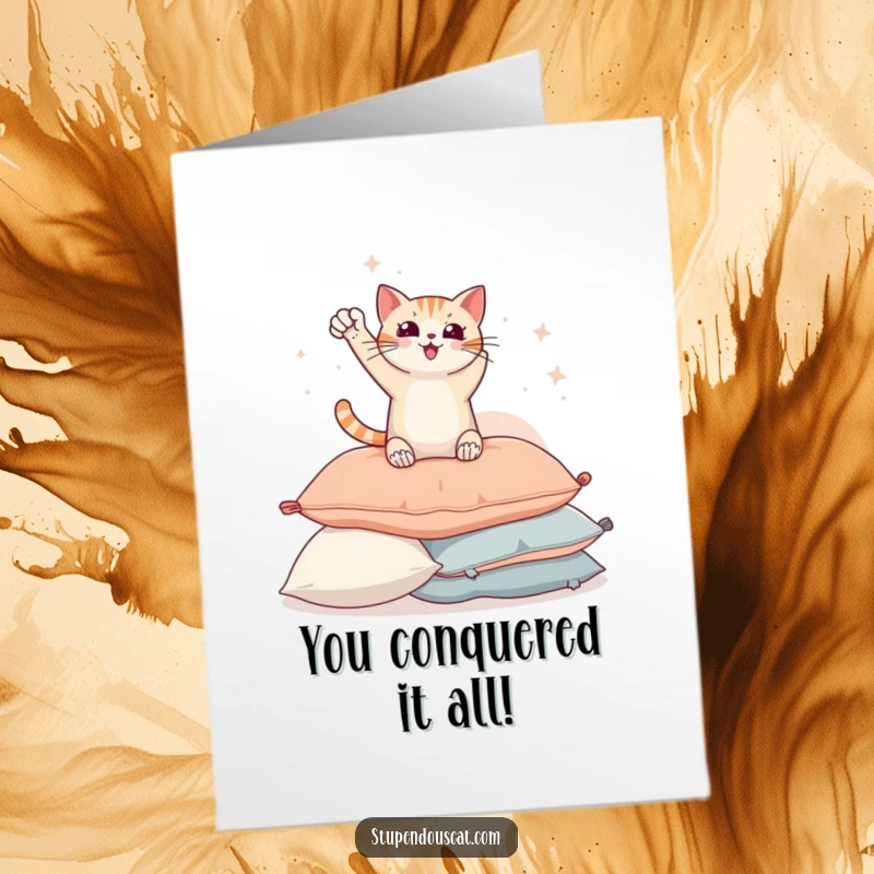 Funny Free Printable congratulations card showing a heroic cat striking a bold pose on a pile of pillows. A triumphant downloadable gift.