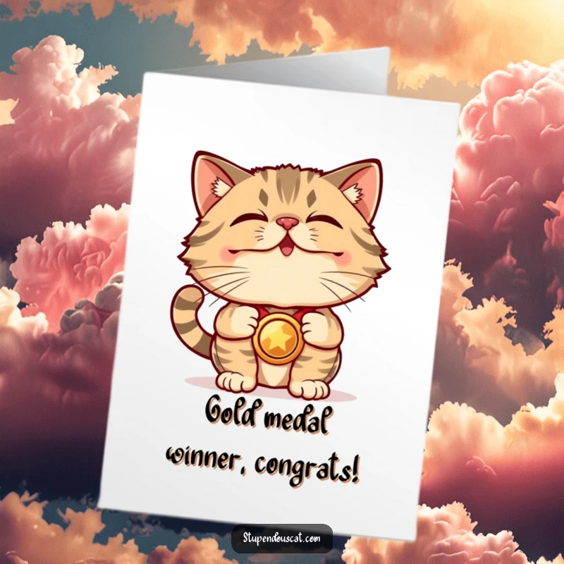 Funny Free Printable Congratulations Card: A proud cat displays a shiny medal, celebrating a fantastic achievement, perfect for print at home.