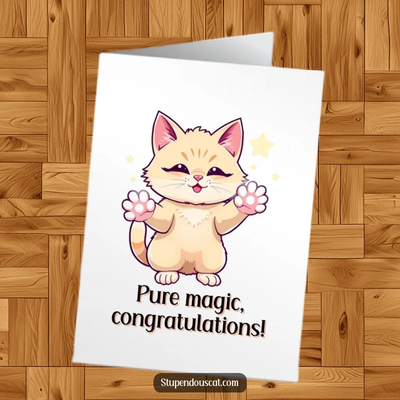 Funny Free Printable Congratulations Card: An awe-inspiring cat conjuring sparkling magical energy to celebrate.