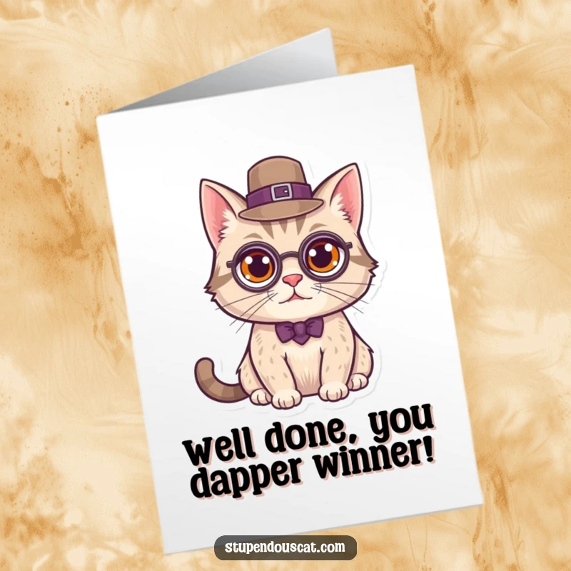 Funny Free Printable Congrats Card: A distinguished cat wearing a monocle and top hat, looking sophisticated after your win.
