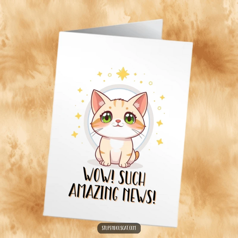 Funny free printable congratulations card of a cat with wide eyes watching a magical portal, unique downloadable art.