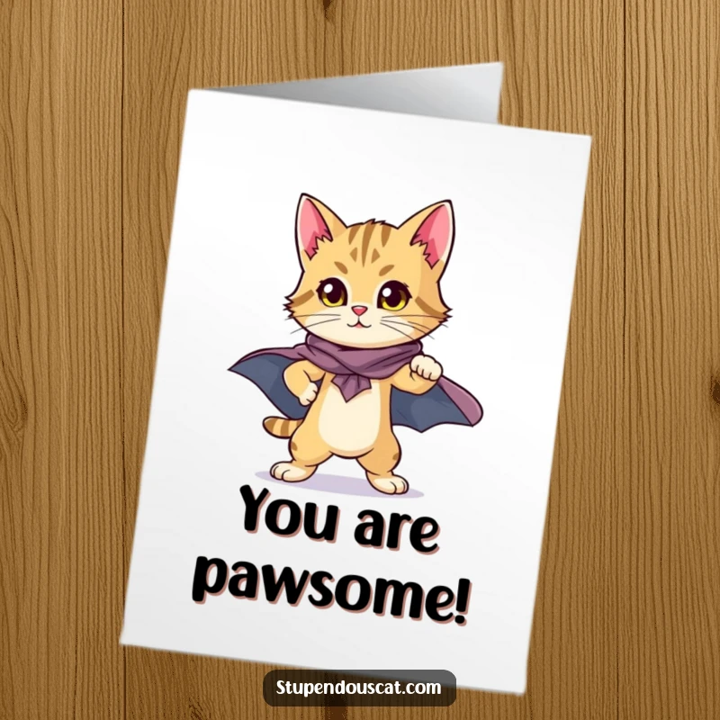 Funny Free Printable Congratulations Card: A heroic cat cub in a cape stands proudly, celebrating a grand achievement.