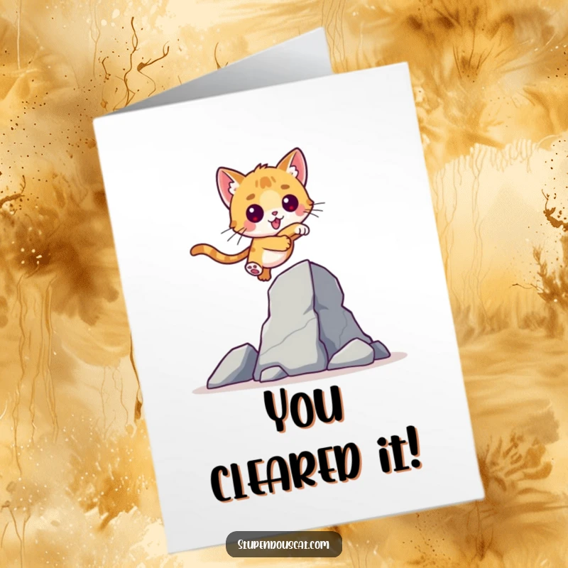 Funny Free Printable Congratulations Card: A valiant cat cub executes an impressive leap over a massive obstacle.