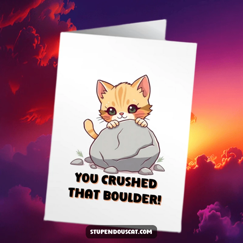 Funny Free Printable Congrats Card: Determined cat cub pushing a very large boulder with all its might. A downloadable gift.