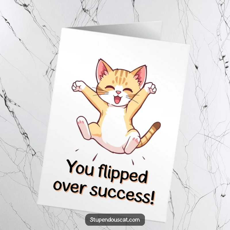 Funny Free Printable Congrats Card: Dynamic cat cub executing a spectacular mid-air flip. A downloadable gift.