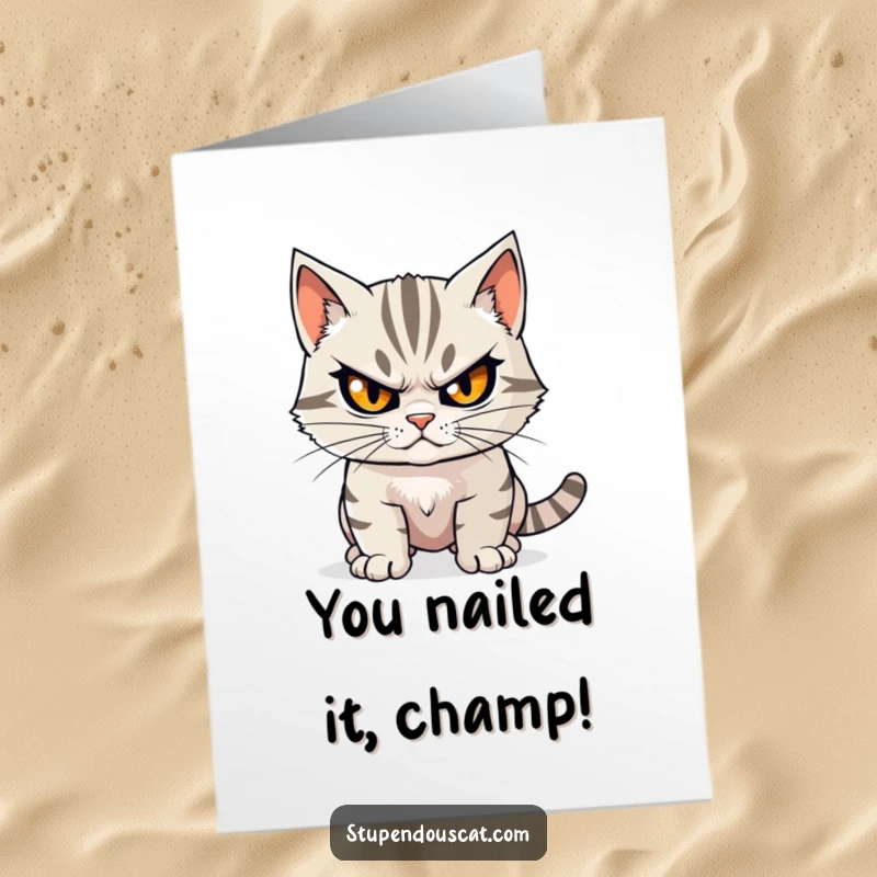Funny Free Printable Congrats Card: A cat with a serious, determined gaze, perfect for celebrating any feat.