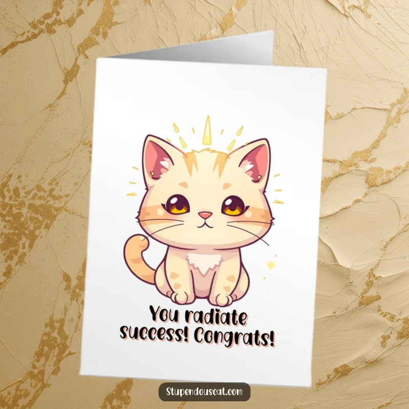 Funny free printable congratulations card of a cat with a radiant aura, exuding charm, unique downloadable art.