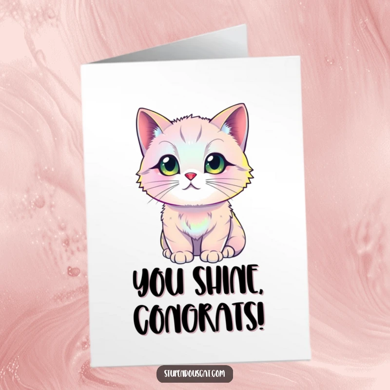 Funny Free Printable Congratulations Card: A stunning cat with vibrant, iridescent fur shimmering brilliantly, symbolizing a spectacular achievement.