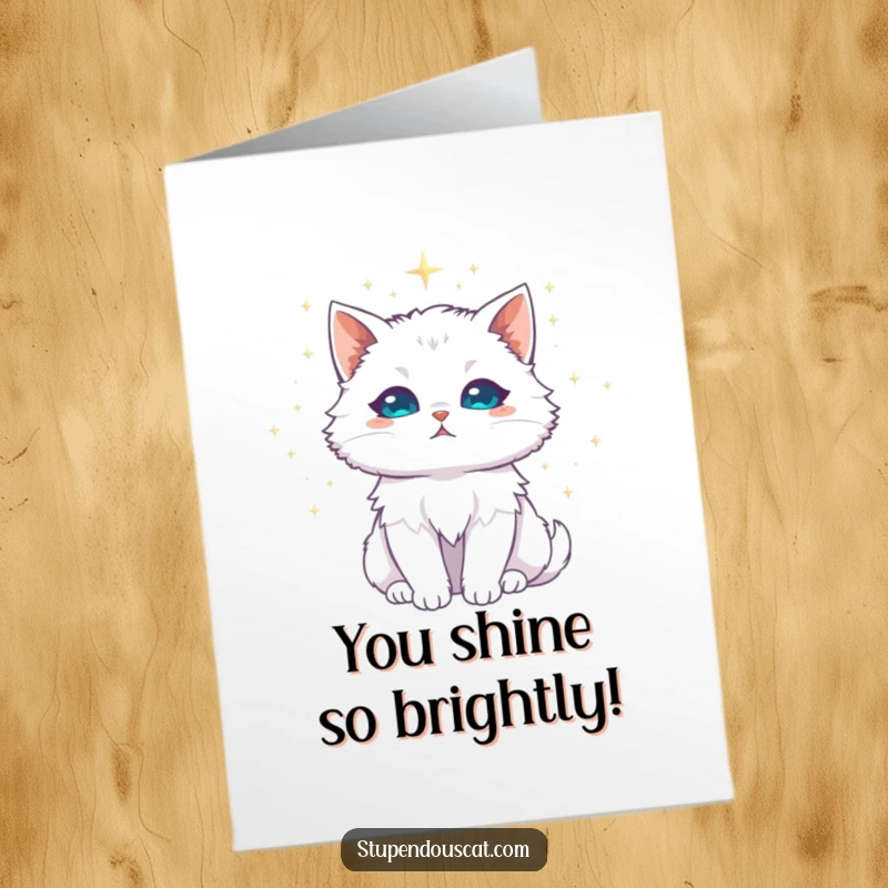 Funny Free Printable Congratulations Card featuring a majestic white cat adorned with a shimmering stardust halo