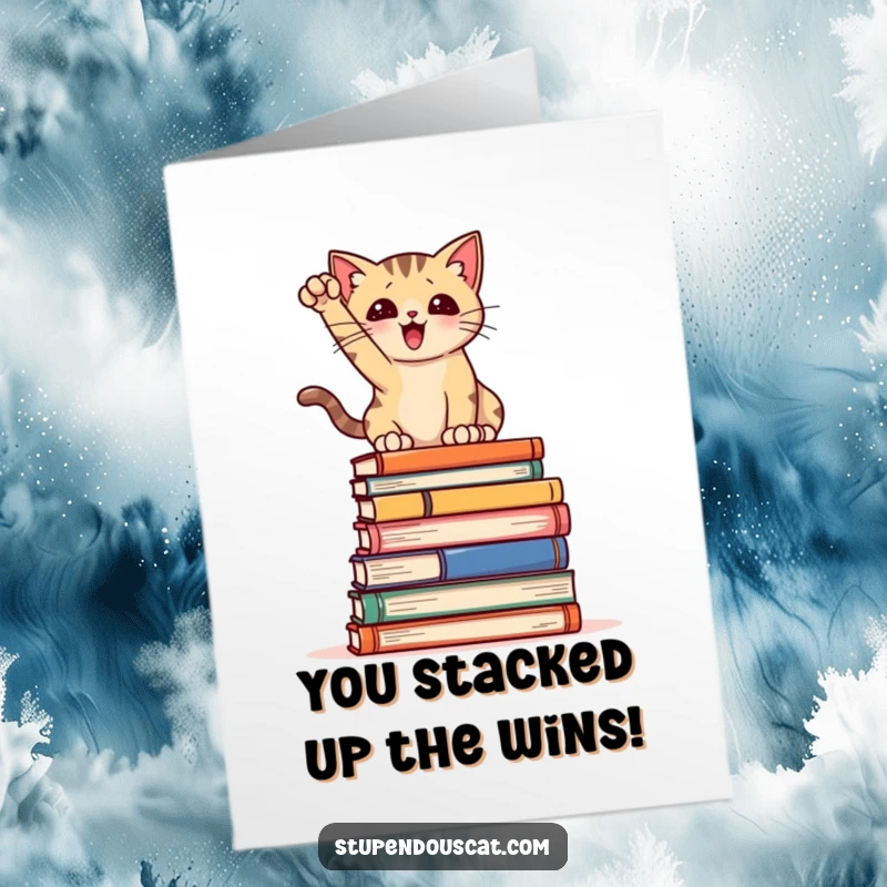 Funny Free Printable Congratulations Card: Cat posing dramatically on a stack of books, celebrating.
