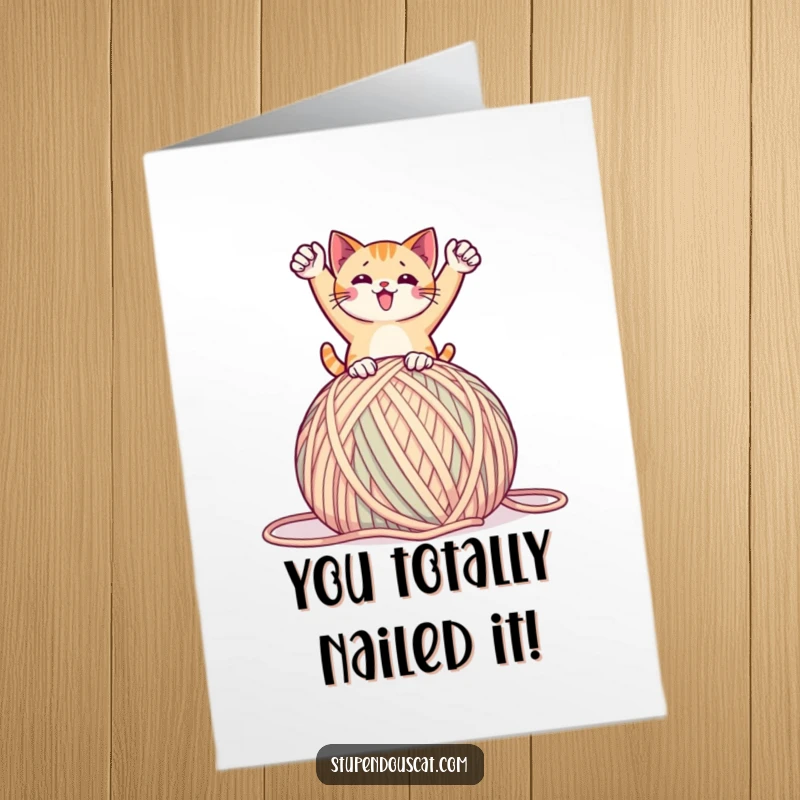 Funny Free Printable Congrats Card: A cat triumphantly perched on a huge ball of yarn, celebrating success.