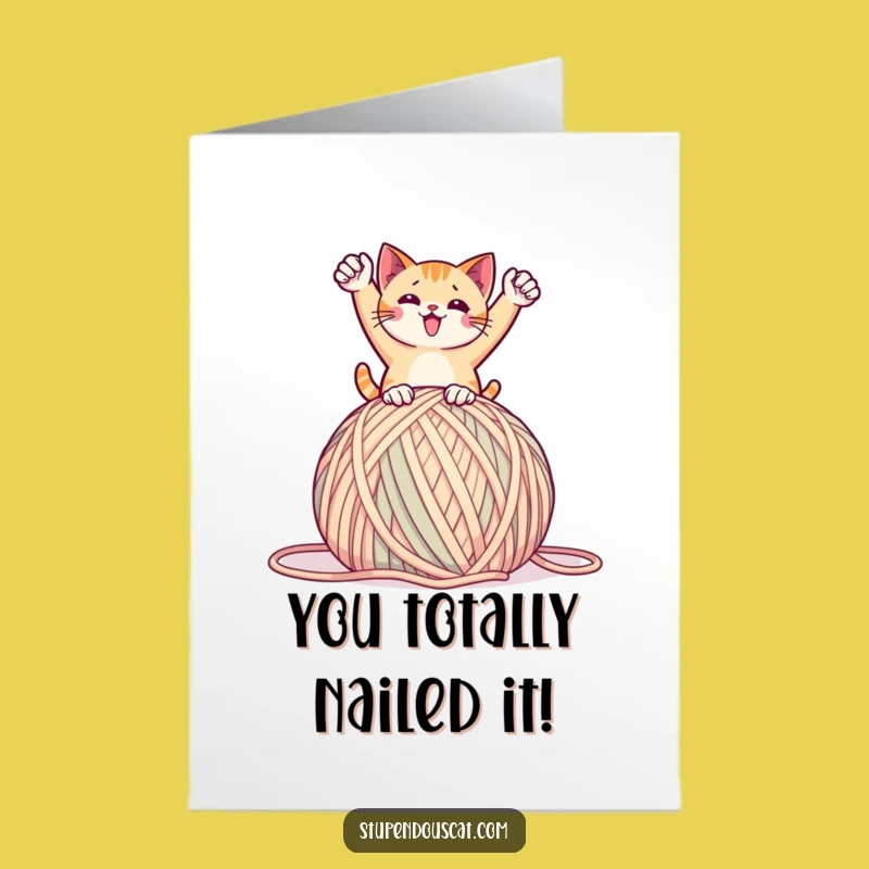 Free Printable Congrats Card: Triumphant Cat on Yarn, Celebrate Your Big Win!