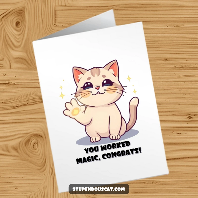 Funny Free Printable congratulations card featuring a magical cat conjuring a sparkling spell with its paw. An enchanting downloadable gift.