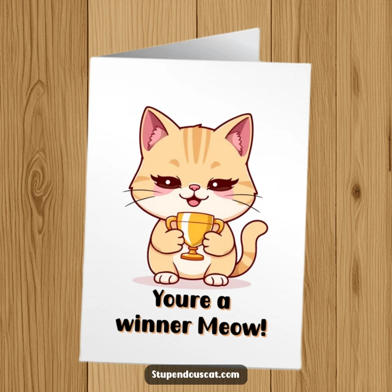 Free printable congratulations card featuring a smug cat proudly holding a small trophy, radiating pure satisfaction.