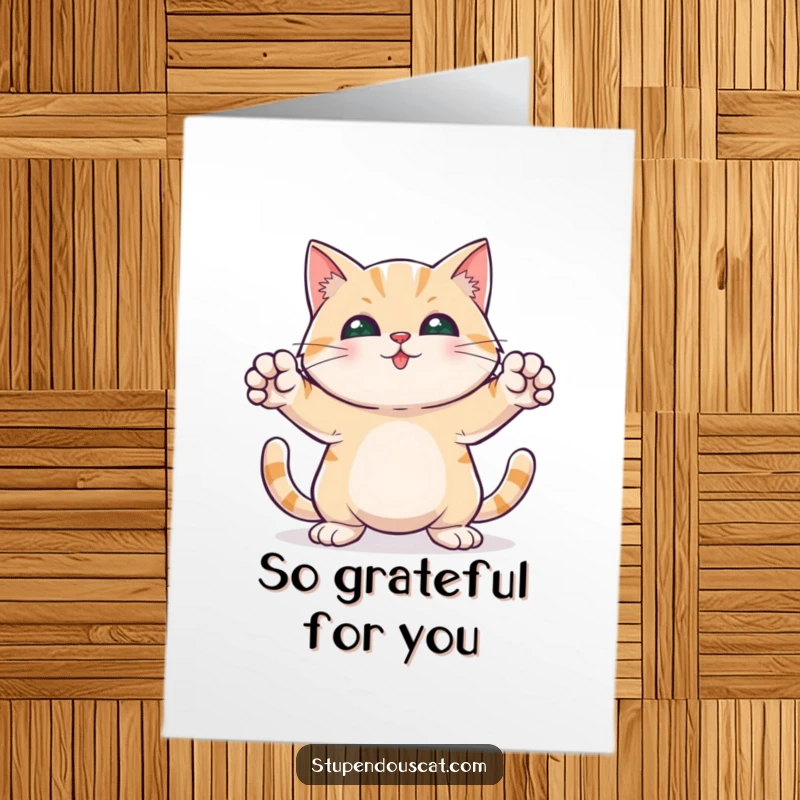 Funny free printable thank you card of a cat in a bold, heroic stance with paws extended, conveying thanks.
