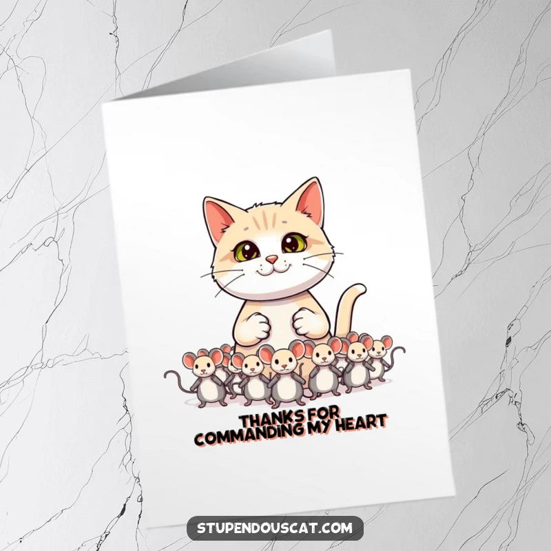 Funny free printable thank you card of a confident cat commanding toy mice, a perfect DIY gift for appreciation.