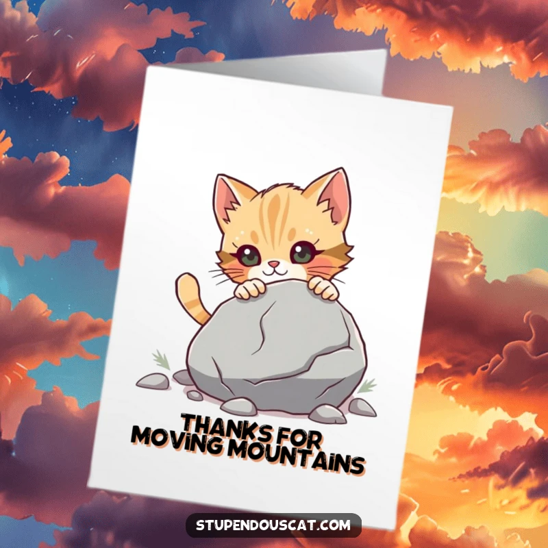 Funny Free Printable Thank You Card: Determined cat cub straining to push a very large boulder. A downloadable gift.