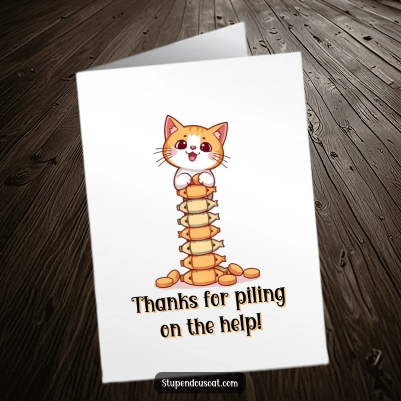 Funny Free Printable Thank You Card: A cat is balancing a wobbly, tall stack of fish treats, delivering thanks, download and print.