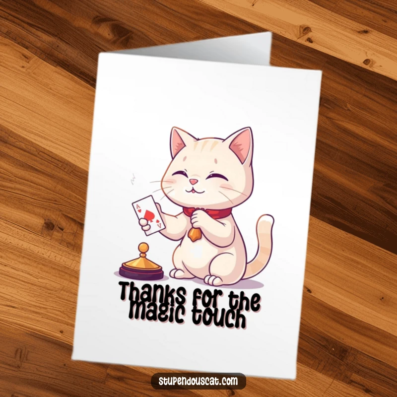 Funny Free Printable Thank You Card: A cat magician bowing gracefully after revealing a card with a grateful expression.